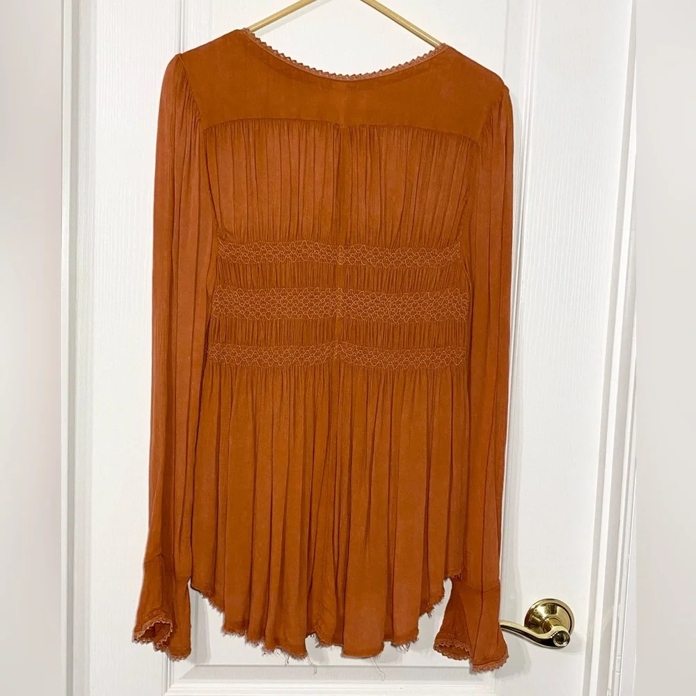 Free People Smocked Bell Sleeve Lace Trim Blouse Terracotta Small